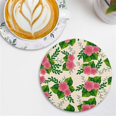 Cute-pink-flowers-with-leaves-pattern Uv Print Round Tile Coaster by uniart180623