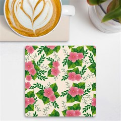 Cute-pink-flowers-with-leaves-pattern Uv Print Square Tile Coaster  by uniart180623