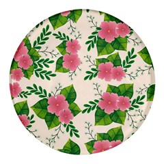 Cute-pink-flowers-with-leaves-pattern Round Glass Fridge Magnet (4 Pack)