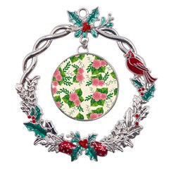 Cute-pink-flowers-with-leaves-pattern Metal X mas Wreath Holly Leaf Ornament