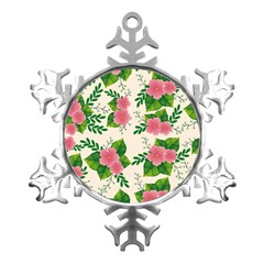 Cute-pink-flowers-with-leaves-pattern Metal Small Snowflake Ornament by uniart180623