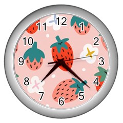 Strawberry-seamless-pattern Wall Clock (silver) by uniart180623