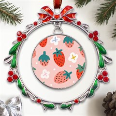 Strawberry-seamless-pattern Metal X mas Wreath Ribbon Ornament by uniart180623