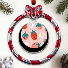 Strawberry-seamless-pattern Metal Red Ribbon Round Ornament by uniart180623