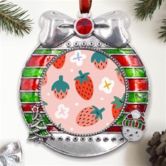 Strawberry-seamless-pattern Metal X mas Ribbon With Red Crystal Round Ornament by uniart180623