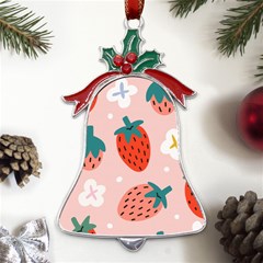 Strawberry-seamless-pattern Metal Holly Leaf Bell Ornament by uniart180623