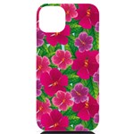 Background-cute-flowers-fuchsia-with-leaves iPhone 14 Plus Black UV Print Case Front