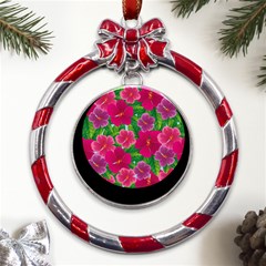 Background-cute-flowers-fuchsia-with-leaves Metal Red Ribbon Round Ornament