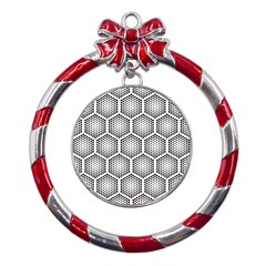 Halftone-tech-hexagons-seamless-pattern Metal Red Ribbon Round Ornament by uniart180623