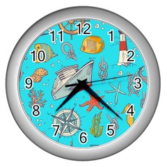 Colored-sketched-sea-elements-pattern-background-sea-life-animals-illustration Wall Clock (silver) by uniart180623