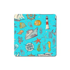 Colored-sketched-sea-elements-pattern-background-sea-life-animals-illustration Square Magnet by uniart180623