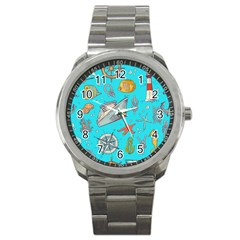 Colored-sketched-sea-elements-pattern-background-sea-life-animals-illustration Sport Metal Watch by uniart180623