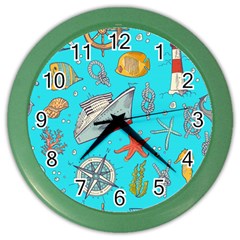 Colored-sketched-sea-elements-pattern-background-sea-life-animals-illustration Color Wall Clock by uniart180623