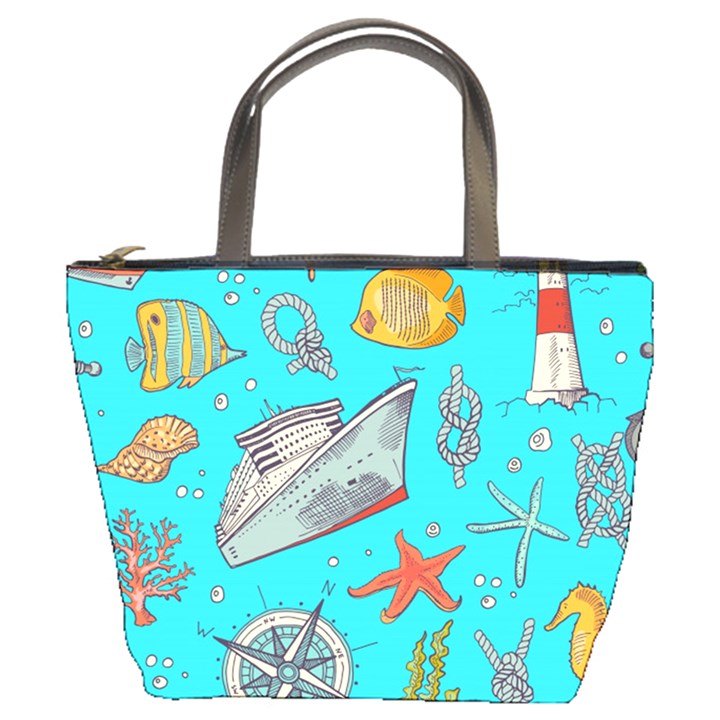 Colored-sketched-sea-elements-pattern-background-sea-life-animals-illustration Bucket Bag