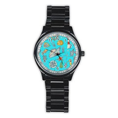 Colored-sketched-sea-elements-pattern-background-sea-life-animals-illustration Stainless Steel Round Watch by uniart180623