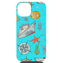 Colored-sketched-sea-elements-pattern-background-sea-life-animals-illustration Iphone 14 Black Uv Print Case by uniart180623