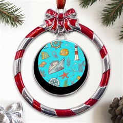 Colored-sketched-sea-elements-pattern-background-sea-life-animals-illustration Metal Red Ribbon Round Ornament by uniart180623