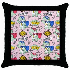 Seamless-pattern-with-many-funny-cute-superhero-dinosaurs-t-rex-mask-cloak-with-comics-style-inscrip Throw Pillow Case (black) by uniart180623