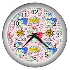 Seamless-pattern-with-many-funny-cute-superhero-dinosaurs-t-rex-mask-cloak-with-comics-style-inscrip Wall Clock (silver) by uniart180623