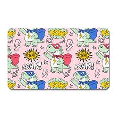 Seamless-pattern-with-many-funny-cute-superhero-dinosaurs-t-rex-mask-cloak-with-comics-style-inscrip Magnet (rectangular) by uniart180623