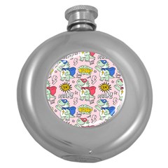 Seamless-pattern-with-many-funny-cute-superhero-dinosaurs-t-rex-mask-cloak-with-comics-style-inscrip Round Hip Flask (5 Oz) by uniart180623