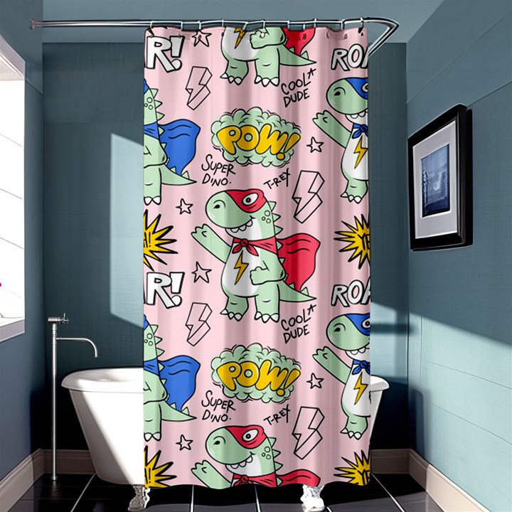 Seamless-pattern-with-many-funny-cute-superhero-dinosaurs-t-rex-mask-cloak-with-comics-style-inscrip Shower Curtain 36  x 72  (Stall) 