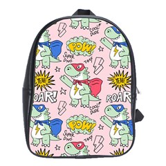 Seamless-pattern-with-many-funny-cute-superhero-dinosaurs-t-rex-mask-cloak-with-comics-style-inscrip School Bag (xl) by uniart180623