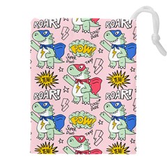 Seamless-pattern-with-many-funny-cute-superhero-dinosaurs-t-rex-mask-cloak-with-comics-style-inscrip Drawstring Pouch (5xl) by uniart180623