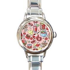 Tomato-seamless-pattern-juicy-tomatoes-food-sauce-ketchup-soup-paste-with-fresh-red-vegetables Round Italian Charm Watch by uniart180623