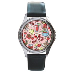 Tomato-seamless-pattern-juicy-tomatoes-food-sauce-ketchup-soup-paste-with-fresh-red-vegetables Round Metal Watch by uniart180623