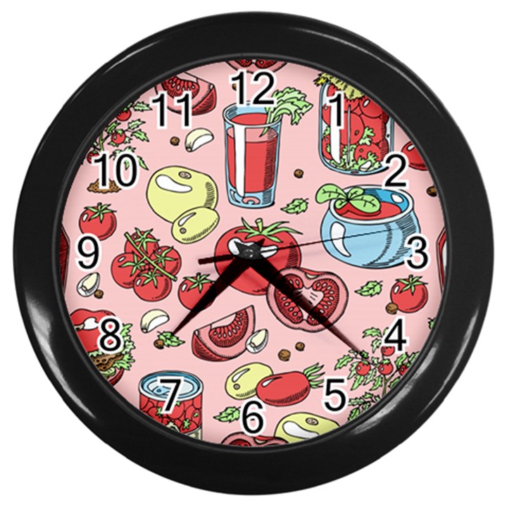 Tomato-seamless-pattern-juicy-tomatoes-food-sauce-ketchup-soup-paste-with-fresh-red-vegetables Wall Clock (Black)