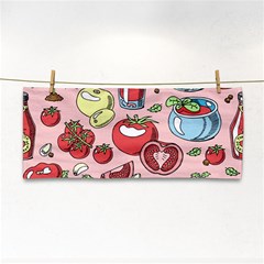 Tomato-seamless-pattern-juicy-tomatoes-food-sauce-ketchup-soup-paste-with-fresh-red-vegetables Hand Towel by uniart180623