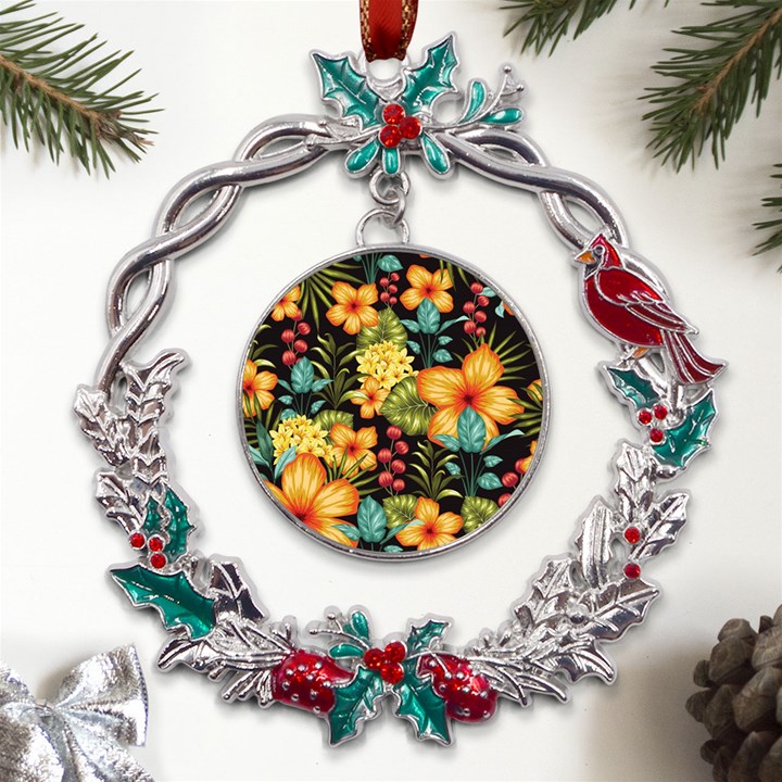 Fabulous-colorful-floral-seamless Metal X mas Wreath Holly leaf Ornament