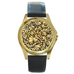 Damask-teardrop-gold-ornament-seamless-pattern Round Gold Metal Watch by uniart180623