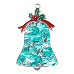 Sea-waves-seamless-pattern Metal Holly Leaf Bell Ornament by uniart180623