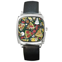 Vector-seamless-pizza-slice-pattern-hand-drawn-pizza-illustration-great-pizzeria-menu-background Square Metal Watch by uniart180623