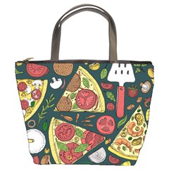 Vector-seamless-pizza-slice-pattern-hand-drawn-pizza-illustration-great-pizzeria-menu-background Bucket Bag by uniart180623