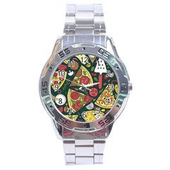 Vector-seamless-pizza-slice-pattern-hand-drawn-pizza-illustration-great-pizzeria-menu-background Stainless Steel Analogue Watch by uniart180623