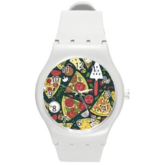 Vector-seamless-pizza-slice-pattern-hand-drawn-pizza-illustration-great-pizzeria-menu-background Round Plastic Sport Watch (m) by uniart180623