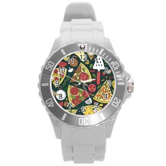 Vector-seamless-pizza-slice-pattern-hand-drawn-pizza-illustration-great-pizzeria-menu-background Round Plastic Sport Watch (l)