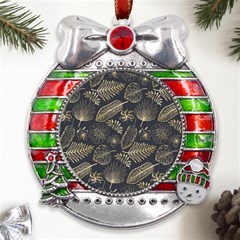 Elegant-pattern-with-golden-tropical-leaves Metal X mas Ribbon With Red Crystal Round Ornament