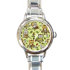 Seamless-pattern-with-flowers-owls Round Italian Charm Watch by uniart180623