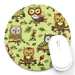 Seamless-pattern-with-flowers-owls Round Mousepad by uniart180623