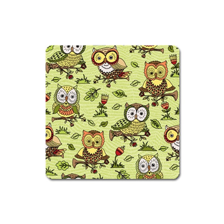 Seamless-pattern-with-flowers-owls Square Magnet