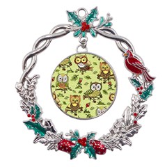 Seamless-pattern-with-flowers-owls Metal X mas Wreath Holly Leaf Ornament by uniart180623