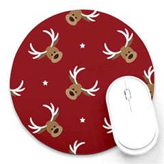 Cute-reindeer-head-with-star-red-background Round Mousepad by uniart180623