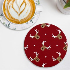 Cute-reindeer-head-with-star-red-background Uv Print Round Tile Coaster by uniart180623