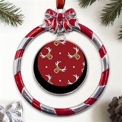 Cute-reindeer-head-with-star-red-background Metal Red Ribbon Round Ornament by uniart180623