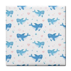 Seamless-pattern-with-cute-sharks-hearts Tile Coaster by uniart180623