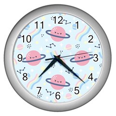 Cute-planet-space-seamless-pattern-background Wall Clock (silver) by uniart180623